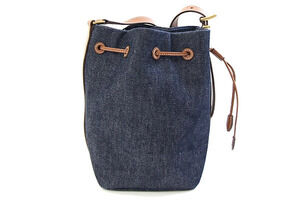 Miu Miu Drawstring Bag Bucket Brown Handbag Leather Shoulder Blue Denim